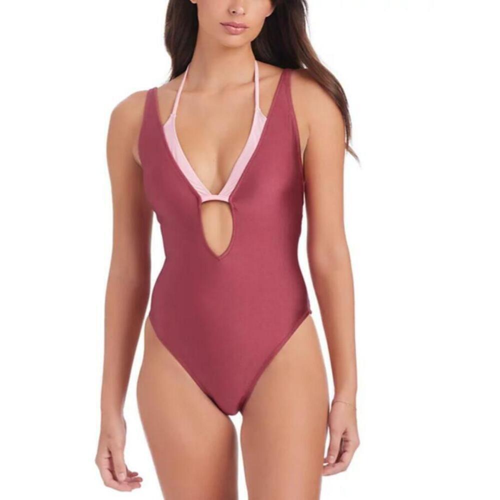 Sanctuary Women's Layered Plunging Garnet One-Piece Swimsuit S